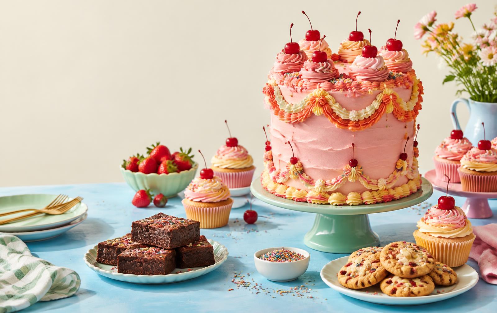 Pink frosted celebration cake surrounded by cupcakes, brownies and cookies